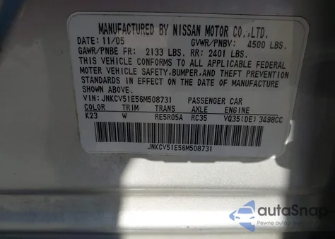 2006 Infiniti G35 z USA, uszkodzony, nr VIN JNKCV51E56M508731